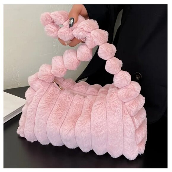 NWT Handbag Purse Shoulder Bag Faux Fur Fuzzy Soft Plush Handheld PEACH PINK - Picture 4 of 13
